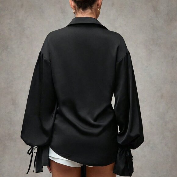 Black Elegant Women's Asymmetric Pleated Draped Puff Sleeves Ruffled Lace Shirt - Picture 2 of 6